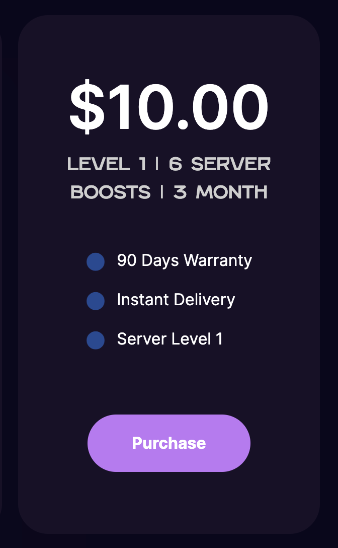 Screenshot of Boostify's product page highlighting the 'Level 1 - 6 Server Boosts - 3 Months' package, priced at $10. It features an instant delivery service and a 90-day warranty.