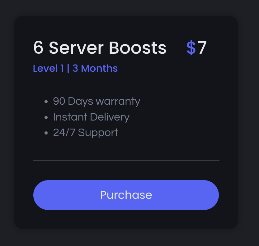 Screenshot of Boostly's product page, featuring the '6 Server Boosts Level 1 - 3 Months' package, priced at $7, with 90-day warranty, instant delivery, and 24/7 support.