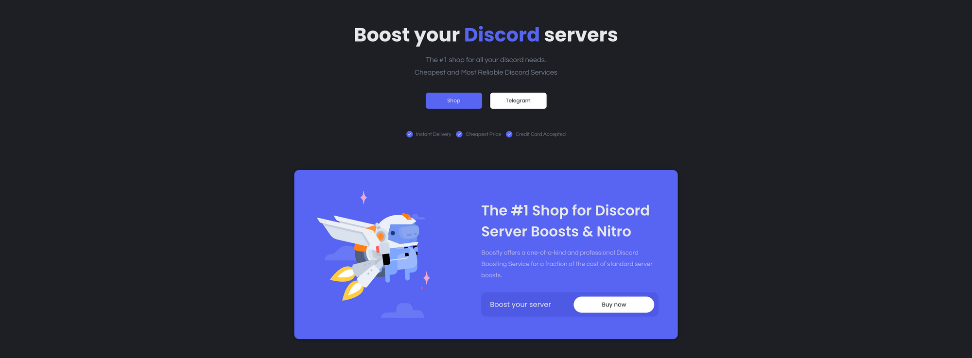 Screenshot of Boostly's home page highlighting the instant delivery, trustworthiness, affordability, 24/7 support, and various payment methods. The text reads 'See why thousands of users around the world have already picked Boostly as their to-go service for Discord Server Boosting