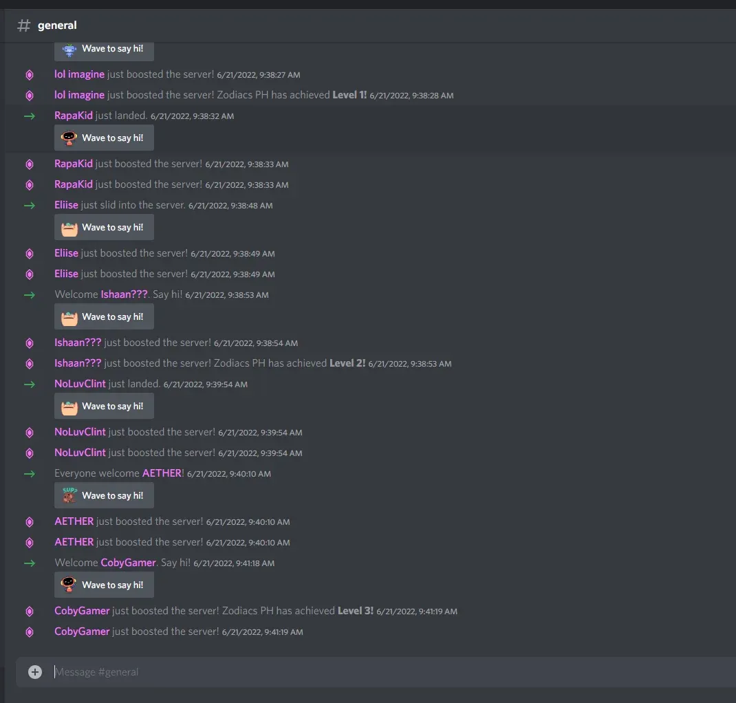 Screenshot of a Discord server, bursting with user engagement as multiple boosts fill the chat, showcasing vibrant and active online community with growing support and popularity.