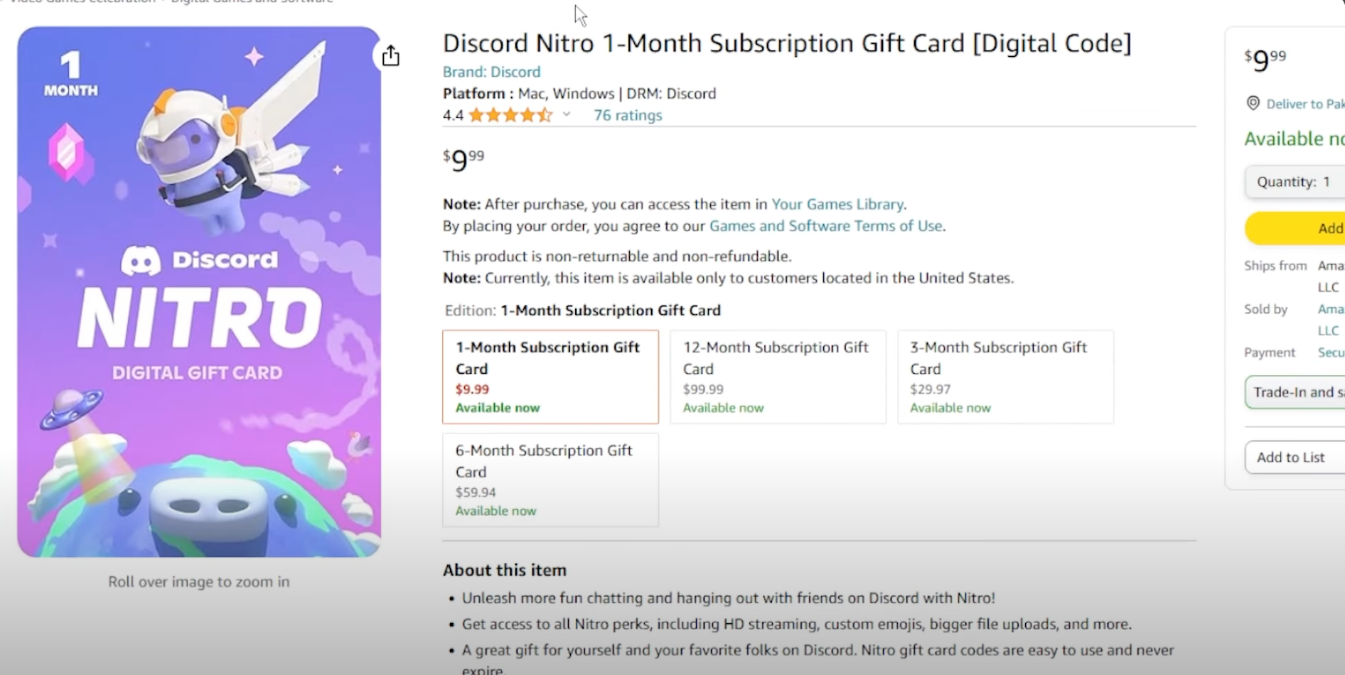 Screenshot of Amazon store, the product is Discord Nitro 1 Month Subscription Gift Card Digital Code.