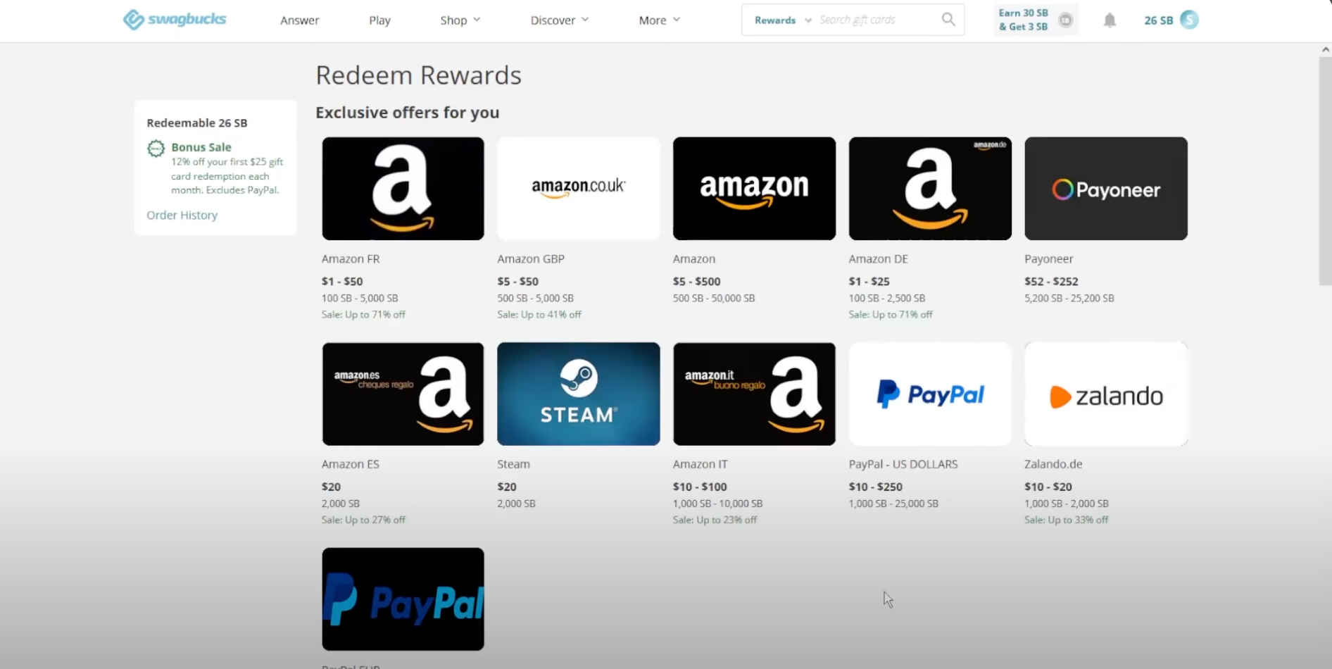 Screenshot of Swagbucks "redeem rewards" page, where user can redeem rewards for Amazon giftcard.