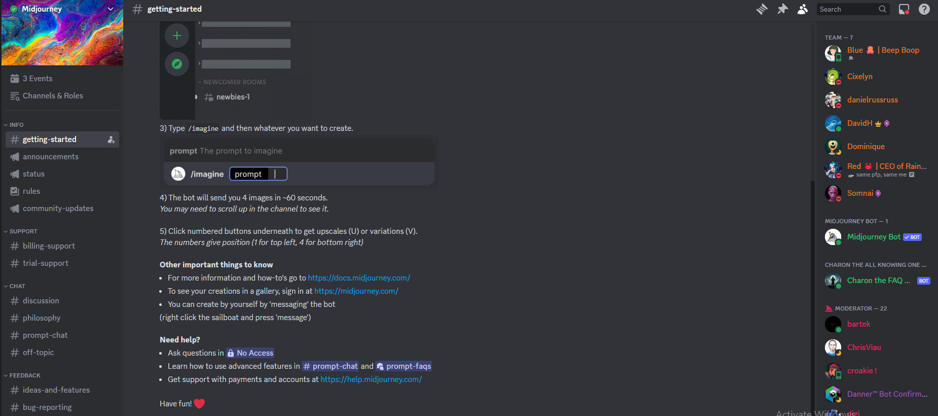 A screenshot of the 'Mid Journey' Discord server showcasing various dedicated channels for discussions, announcements, and more, creating the perfect space for effective communication within the community.