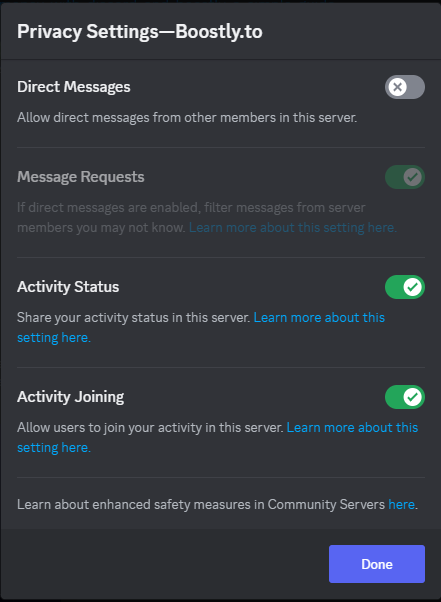 A screenshot of Discord server privacy settings, showcasing options to control user access, member permissions, and overall privacy levels within the server.