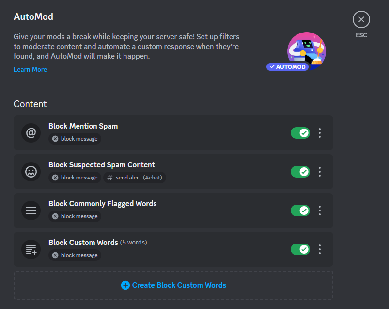 Screenshot of Discord AutoMod page setting up smart filters and restrictions to protect the server.