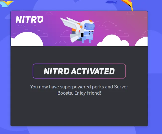 Screenshot of a Discord page with an activated Nitro message, showcasing a user claiming a promotional free Nitro from Opera X.