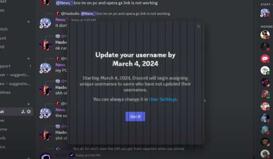 A picture depicting a discord popup asking users to update usernames by march 4th
