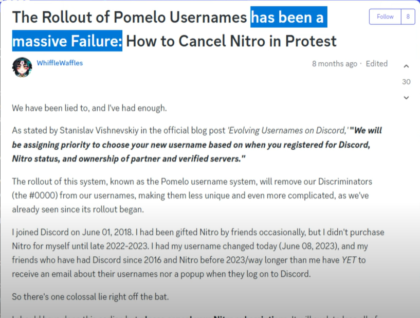 A snippet of a forum post on Discord's Help Centre saying rollout of pomelo has been a failure