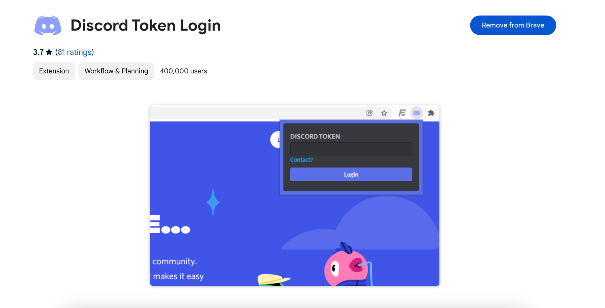 Screenshot of "Discord Token Login" extension in Chrome Web Store.