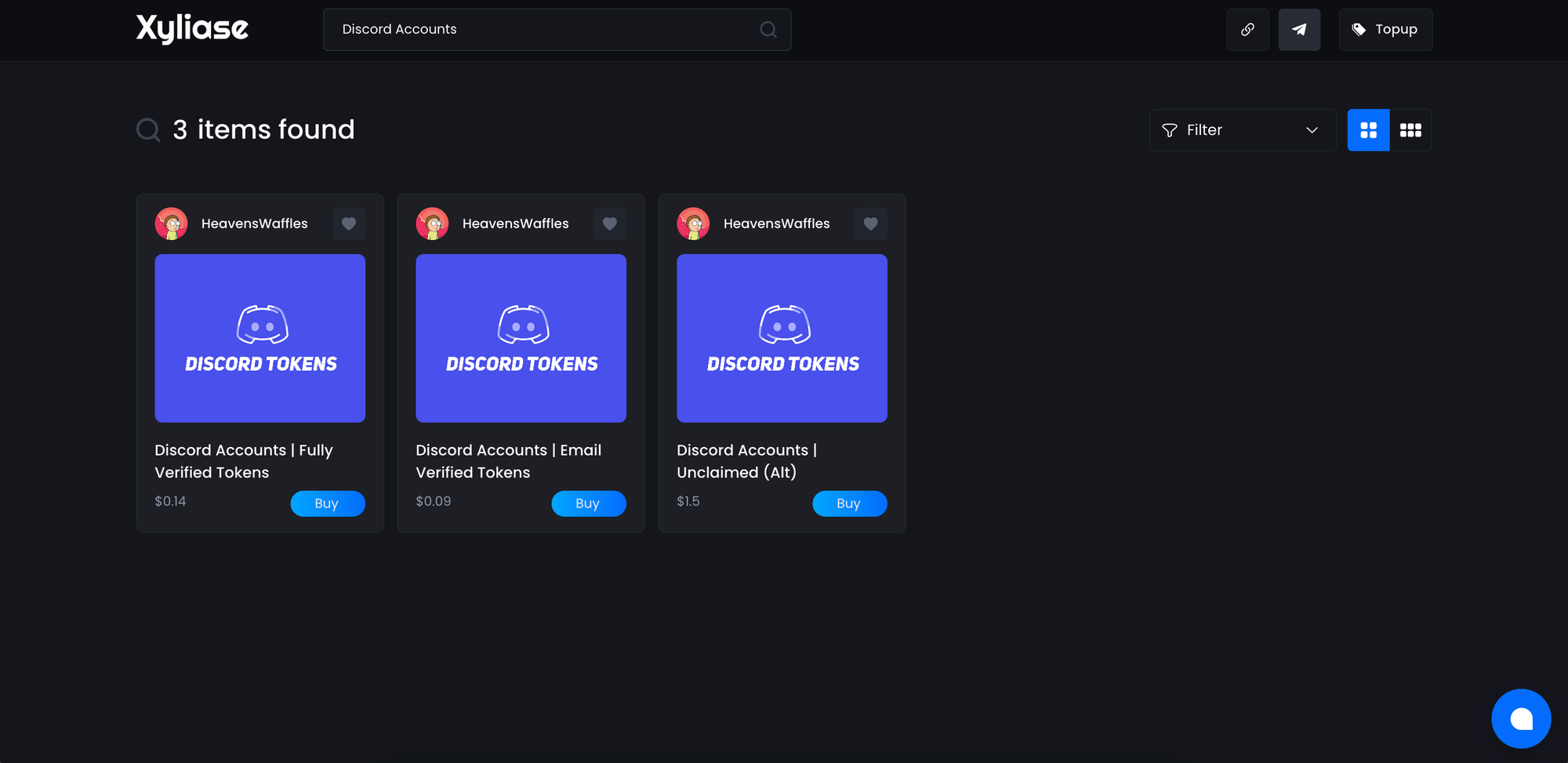 Screenshot of Shop where Discord Account tokens are listed for sale.