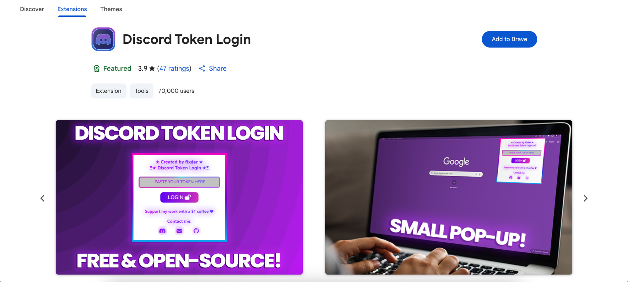 Screenshot of "Discord Token Login" extension in Chrome Web Store.