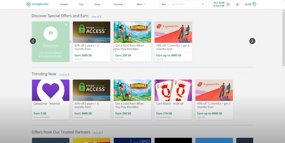 Screenshot of swagbugs website, displaying offers and ways to earn.