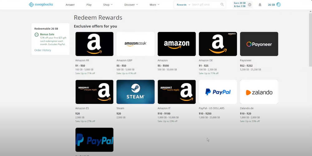 Screenshot of Swagbucks "redeem rewards" page, where user can redeem rewards for Amazon giftcard.