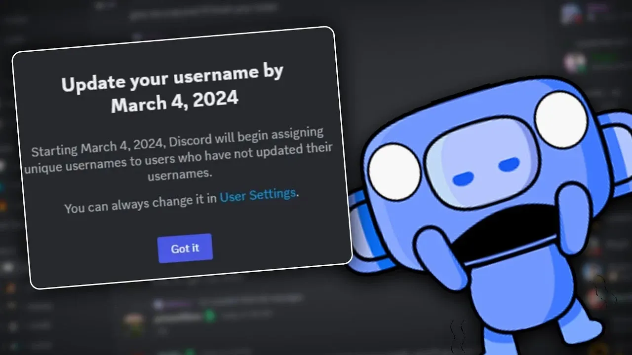 an image depicting a discord popup asking users to update their username with a scared expression mascot wumpus beside