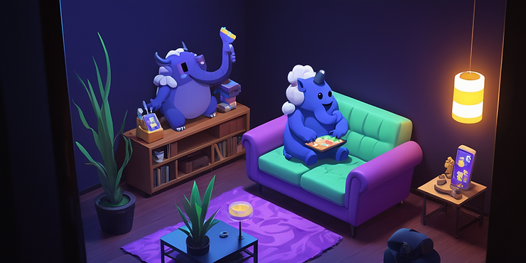 blue creatine sitting on couch playing game on discord